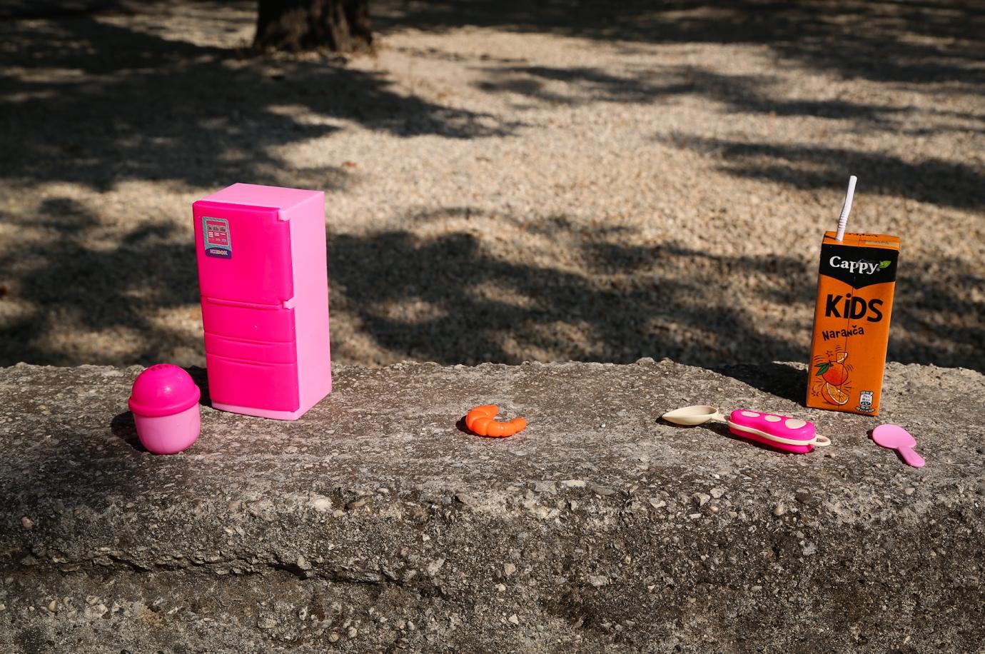 A pink refrigerator and other toys on a rock

Description automatically generated