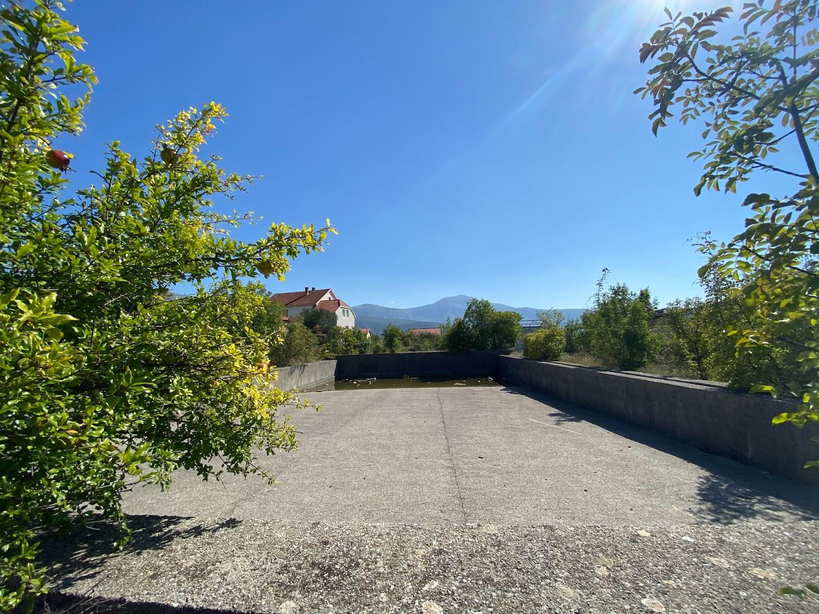 A concrete parking lot with trees and a building in the background

Description automatically generated